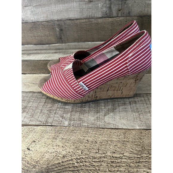 Toms Red and White Striped Peep-Toe Wedges Espadrilles Size W7 - Picture 5 of 7